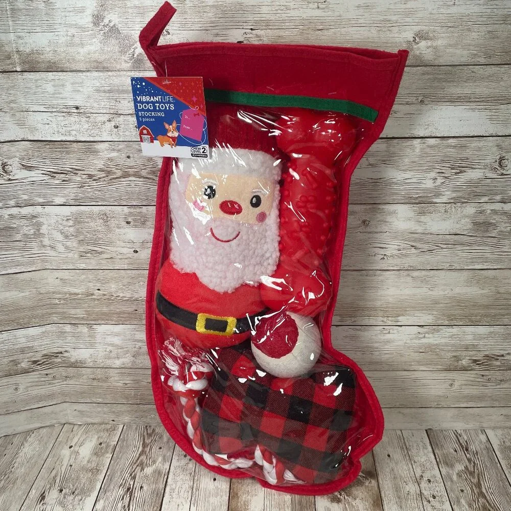 Vibrant Life 5 Pc Dog Toy Stocking Holiday Christmas Gift Set Red Chew Level 2